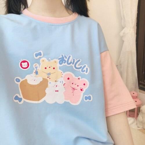 Women Cute Delicious Dessert Print T-shirt Girls Student Summer New Color Matching Stickers Loose Short Sleeve Pullover Tops