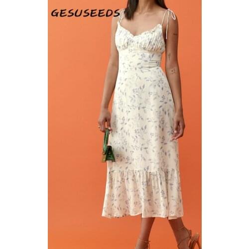 Sexy Midi Dress Elegant Print Dresses Women Summer Sundress Spaghetti Strap Dress Ruffle V Neck Dresses Slim Vestidos 2021