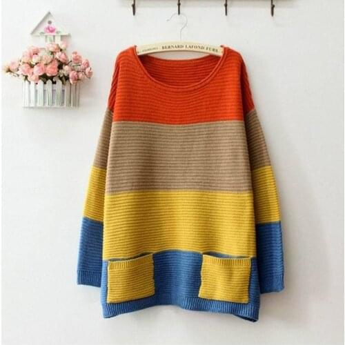 2020 Korean Fashion Womens Spring and Autumn Color Block Flat Knitted Sweater O-Neck Pullovers with Pockets