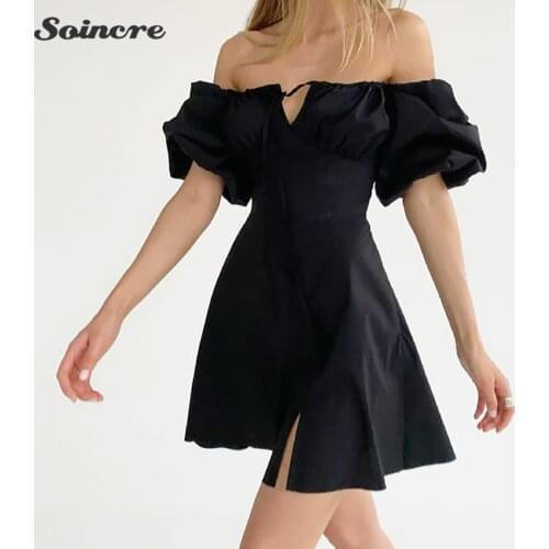 Woman Dress 2021 Sexy Square Neck Black Pleated Puff Sleeve Large Swing Mini Dresses Fashion Split Slim Vestido De Mujer Casual