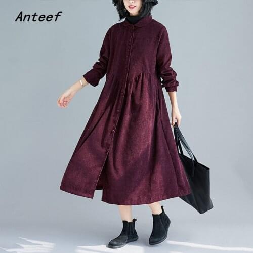 Long sleeve plus size corduroy vintage women casual loose autumn winter party elegant shirt dress clothes 2021 ladies dresses