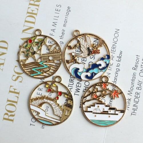 10pcs Hollow Out kawaii Cloud Crane Bridge River Round Circle Pendant Charms Ornament Accessories Earring Necklace Charm