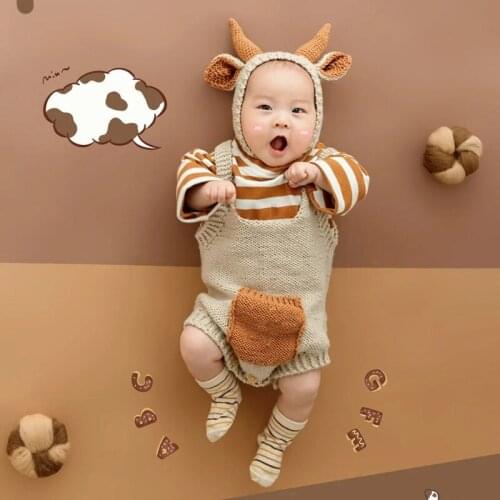 2 Pcs Baby Knitted Cow Ears Hat Romper Set Newborn Photography Props Cap Jumpsuit Kit Infants Photo Shooting Clothing