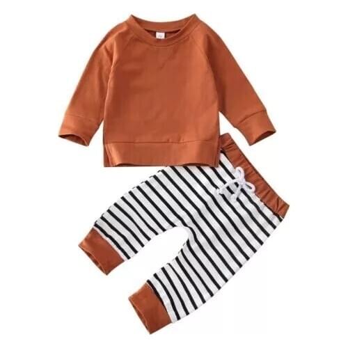 2020 Baby Spring Autumn Clothing Toddler Kid Baby Boy Solid Long Sleeve T-shirt Striped Long Pants 2Pcs Outfit Set Clothes 0-24M