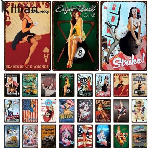 Sexy Goddess Billiard Poker Picture Tin Painting Decoration Retro Metal Plaque Metal Plate Bar Club Tin Label Home Decoration