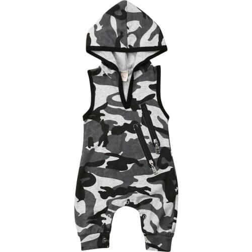 Summer Newborn Baby Boy Sleeveless Clothes Camo Hooded Romper Jumpsuit Outfit