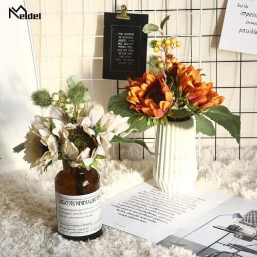 Meldel 5 Heads Artificial Silk Sunflower Flowers Bouquet Fake Flores Home Party Spring Wedding Decoration Mariage Flowers Bundle