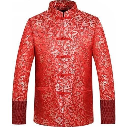 Red Silk Jacket Men Autumn Dragon Cheongsam Tops Plus Size 4XL Traditional Chinese Clothing Tang Suit Wedding Jacket 2019