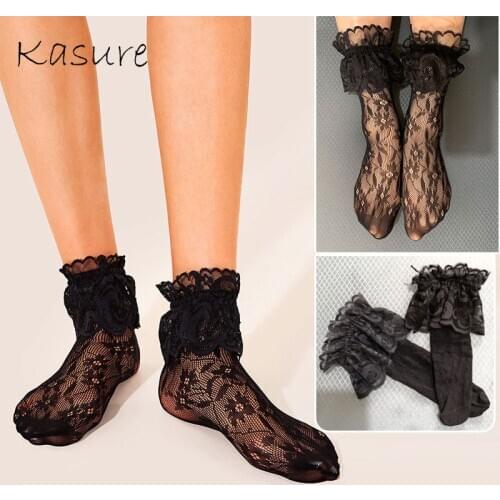 KASURE Transparent Flower Pattern High Socks Ladies Sexy Mesh Sock With Lace Fringe Spring Summer Cool Socks For Women