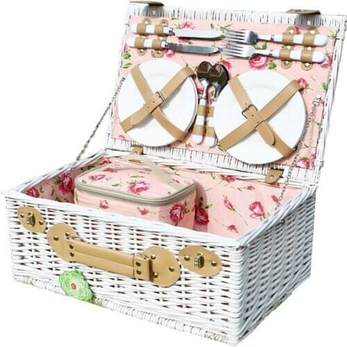 New pearl white portable wicker picnic basket insulated rattan with lid storage shopping camping