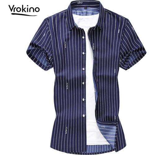 VROKINO Summer New In 2019 Casual Mens Striped Short-sleeved Shirt Mens Business High Quality Soft Large Size Shirt 6XL 7XL
