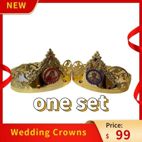 The Church Supplies Wedding Crowns Orthodox Style Gold Plating With Red Zirgon Stones Symbol Of Happiness Jesus and Mary