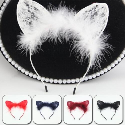 New Cute Hairy Feather Lace Cat Ears Hair Band Solid Color Halloween Headdress Girls Women Hair Hoop Hair Accessories