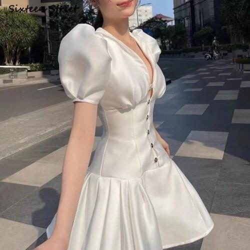 Sexy V-neck Dress Woman Single-breasted Puff Sleeve White Party Dresses Female Slim High Waist Mini Bodycon Dress Runway Design