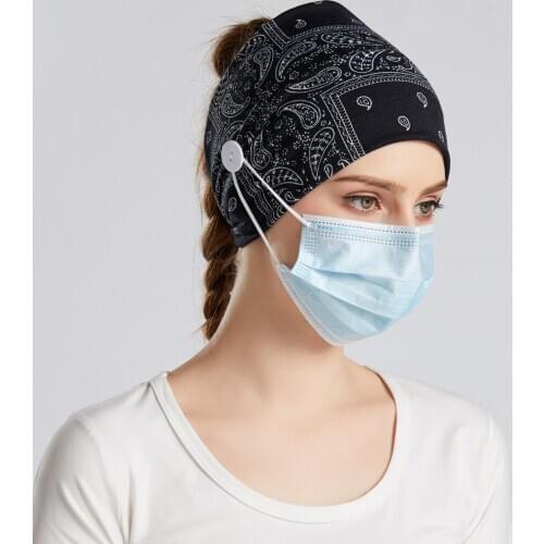 Women Mask Headband with Button Ear Protection Cotton Stretch Headwrap Hair Accessories Girls Autumn Turban Bandana Hair Bands