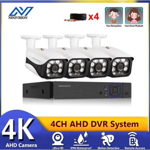 NINIVISION H.265+ 4CH DVR CCTV Camera System 8MP IR Night Vision Indoor Outdoor Bullet Camera 4K Home Security System Kit XMEYE