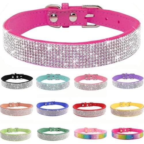 Comfortable Suede Fiber Crystal Dog Collar Glitter Rhinestone Dog Collars Zinc Alloy Buckle Collar for Small Dogs Cats XS/S/M/L
