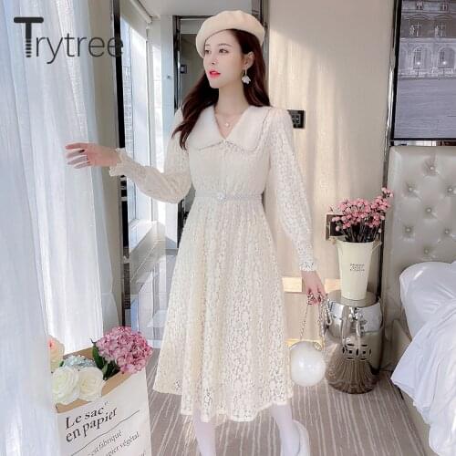 Trytree 2021 Spring Autumn Womens Dress Solid Belt Pearls Peter Pan Collar Plush A-line Mid-Calf Office Lady Elegant Lace Dress