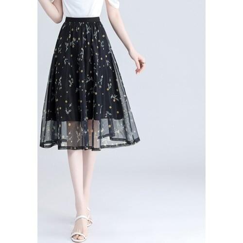 Mesh Floral Printed Skirts Mid-length Women 2021 Summer High Waist Pleated Skirt Small A-line Floral Umbrella Skirt BSQ442