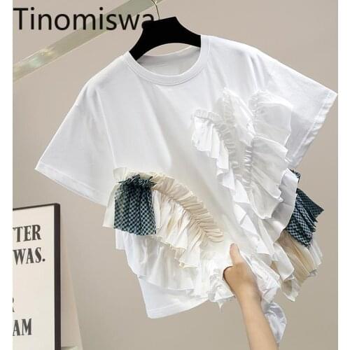 Tinomiswa New 2021 T Shirt Women Ruffle Patchwork O Neck Short Sleeve Casual Graphic Tshirts Korean Style All-match Loose Tops