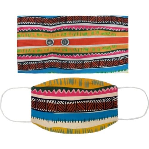 2pcs Women Headband with Mask No Pain In Ears Outside Bohemian Print Hairband Ladies Soft and Elastic Cotton Headwear Adjustable