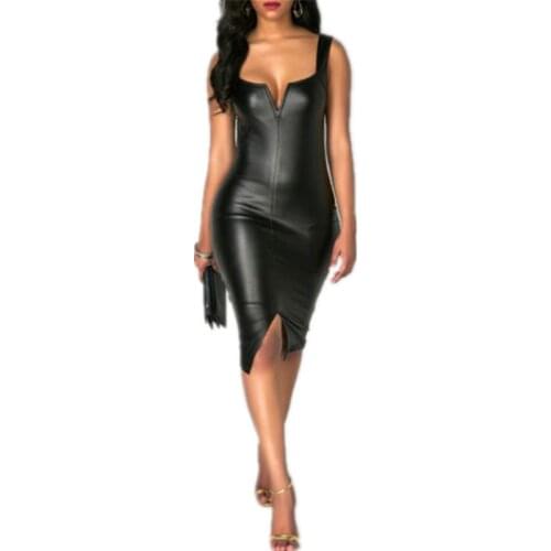 NEW arrival Women Bandage Leather Bodycon Sleeveless Mini Dress Club Evening Party Black Imitation Leather Mini Dress Autumn