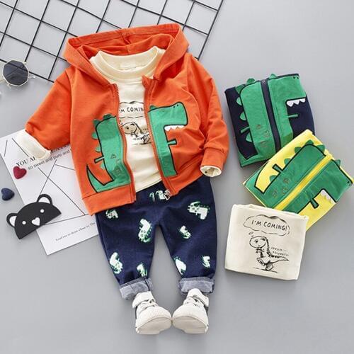Children Clothing Baby Boys Clothes Sets Kids Clothing Infant Clothes Autumn Cartoon Dinosaur Hooded Cardigan+Top+Pants 2Pcs