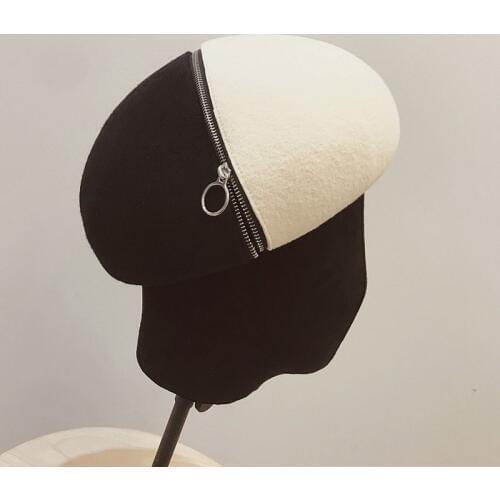 Elegant Retro White Black Patchwork Warm Wool Beret Femme Women French Beret Hat Zipper Accent Thick Lady Girl Winter Hat Kawaii