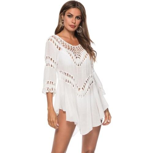 Happie Queens women solid half sleeve beach sexy loose Bohemian mini dress Ladies hollow out Boho sundress vestidos