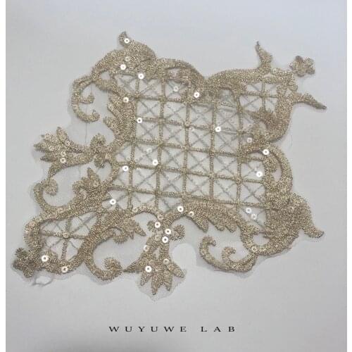 3pcs Clear Sequins Lace Applique Champagne Gold Appliques Embroidery Lace Trim Fabric Cloth Sewing Patchwork DIY Craft 27X21cm