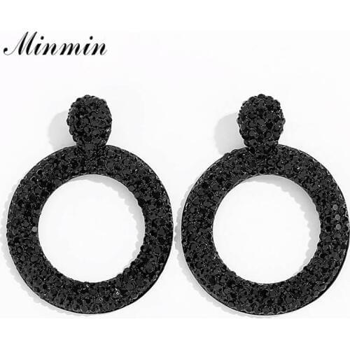 Minmin Retro Black Rhinestone Long Drop Earrings Fashion Jewelry 2019 3 Colors Big Round Dangle Earrings for Women Female EH1455