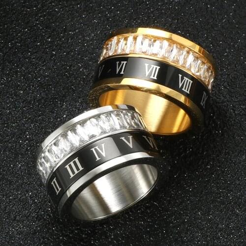 Fashion Square Rhinestones Turn Roman Numerals Rings For Women Men Stainless Steel Couple Wedding Classic Finger Ring Jewelry
