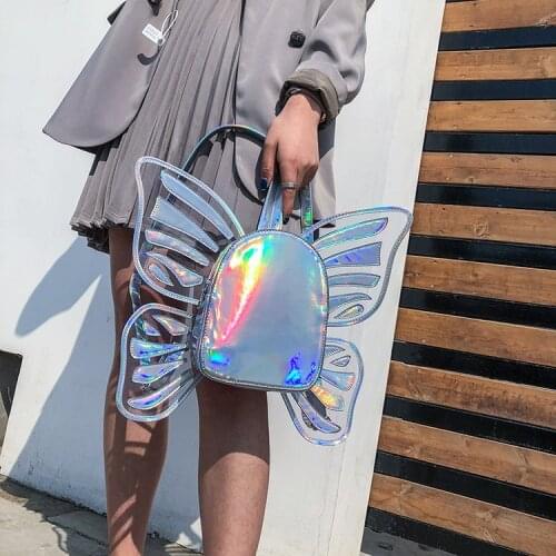 Fashion Womens Laser Holographic Leather Mini Backpack Butterfly Angel Wings Daypack for Girls Travel Casual Daypack School Bag