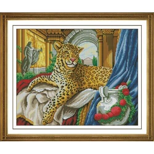 Top Quality Unprinted Counted Cross Stitch Kits 14ct Animals Leopard Aristocratic Pet Sewn Completely Embroidery 18 by 15 inches