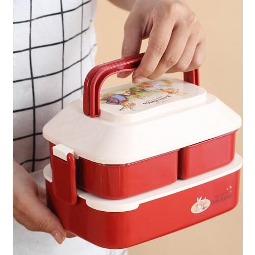 Korean Retro Cute Rabbit Japanese Double Layer Lattice Student Portable Lunch Box Couple Large Capacity Lunch Box