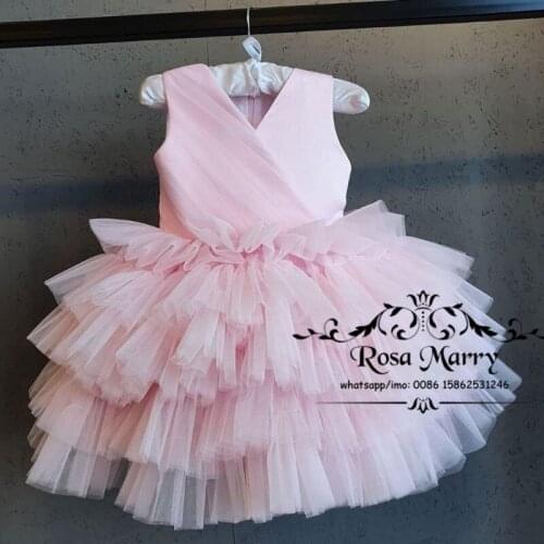 Pink Cupcake Girls Pageant Dresses 2021 Ball Gown Plus Size Tiered Tulle Skirt Cheap First Holy Communion Birthday Party Wears