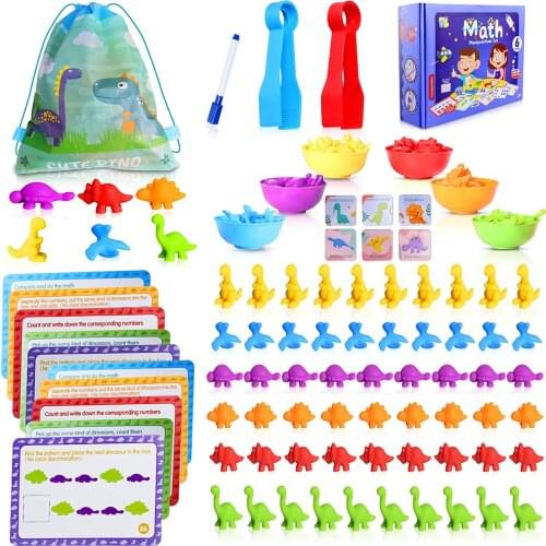 Rainbow Bear Dinosaur Counters with Matching Stacking Cups Cards Dices & Tweezers, Montessori Matching Game Color sorting toys