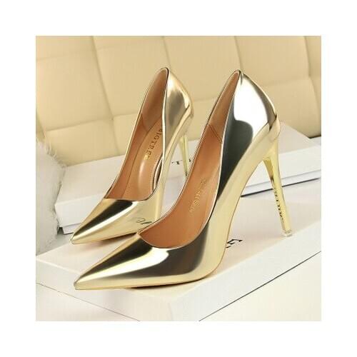 Bling Women Pumps High Heel 7.5/10.5CM PU Shallow Slip On Pointed Toe Single Office Shoes Stilettos Female Wedding Shoes Footwer