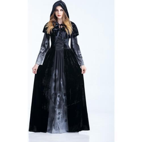 Medieval Renaissance Style Womans Halloween Adult Black Print Skeleton Robe Witch Gothic Queen of Vampire Costume M40477