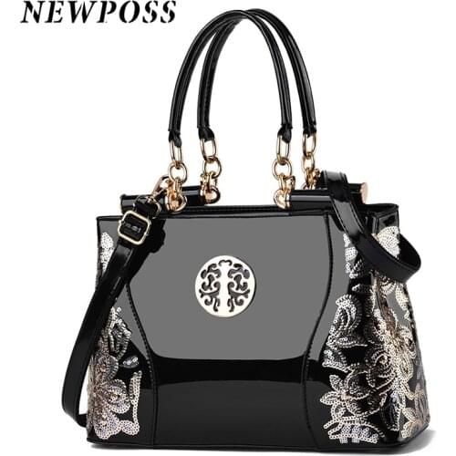 Newposs Embroidery Handbag Women Evening Bags Patent Leather Shoulder Bag Female Crossbody Bag Floral Handbag Casual Tote Bags