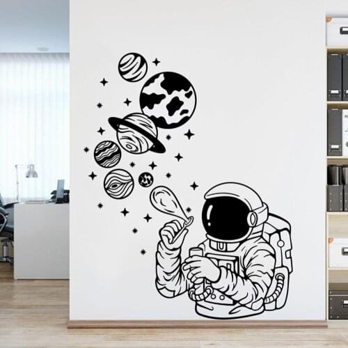 Cartoon Astronaut Making Planet Soap Balloons Wall Decal Playroom Plants Spaceman Cosmonaut Wall Sticker Kids Room Vinyl