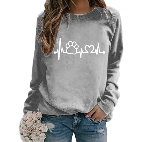 40#Heartbeat Print Womens T-Shirts Dog Paw Casual Loose Round Neck Long Sleeve Top Spring Harajuku Elegant Pullover T-shirt