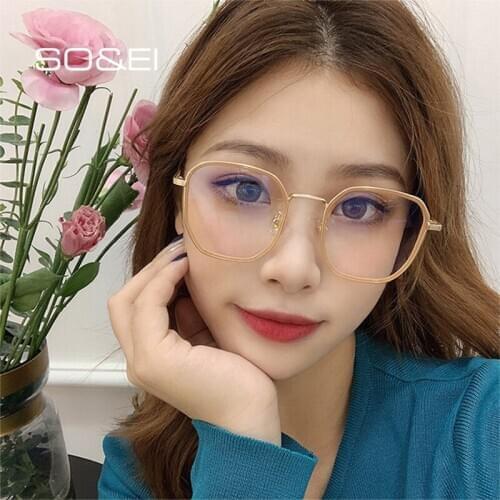 SO&EI Anti-Blue Light Square Women Glasses Frame Vintage Metal Frame Clear Lens Eyewear Fashion Men Optical Eyeglasses Frame
