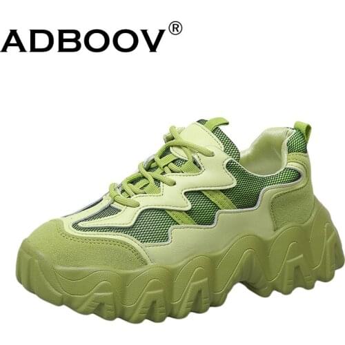 ADBOOV 2020 New Suede + Mesh Women Platform Sneakers Thick Weav Sole Casual Shoes Green Obuwie Damskie