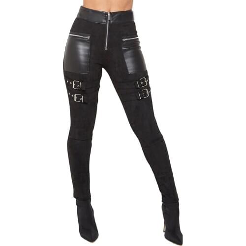 Women Tight motorcycle pants PU Leather Female Sexy Elastic Stretch Faux Leather Skinny Pencil Pant Zipper Split Bottom D30