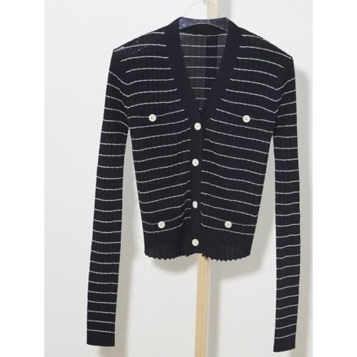 Women Sweater 2021 Early Autumn Striped Sweater Slimming Sweater Single-breasted Trendy Top