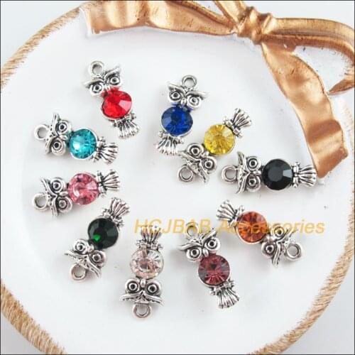 10 New Animal Owl Charms Tibetan Silver Tone Mixed Crystal Pendants 10.5x22mm