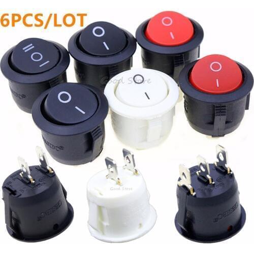 6Pcs KCD1-2 22mm Diameter Small Round Boat Rocker Switches Black Mini Round Black White Red 2 Pin 3Pin ON-OFF Rocker Switch