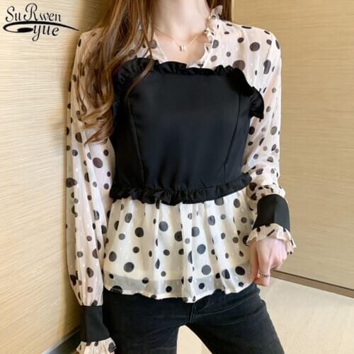 Blusas Mujer 2021 Autumn New Sweet Spliced Shirt Female V-Neck Polka Dot Long Sleeve Chiffon Blouse Women Chemisier Femme 10540