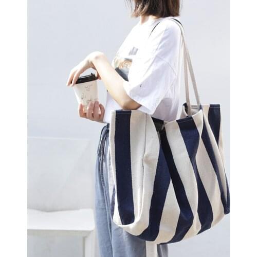 Large Casual Top-handle Bag Striped Bag Big Canvas Tote Bag for Women Summer Beach Classical Fabric Soft Large Handbag Female
